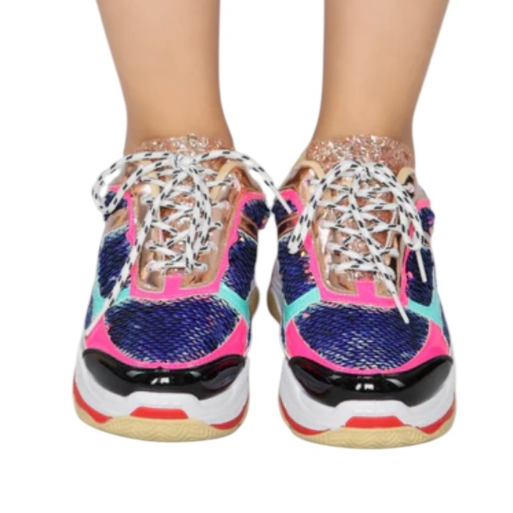 Pink,Gold Multi colored,Chunky Sneakers,shoes,sequins throughout, Size 7, New - Picture 4 of 10